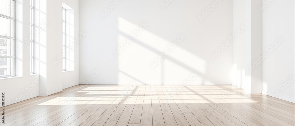 Fototapeta premium room with large window and wooden floor, sunlight coming through the window creating shadows on the wall, green plant adding freshness, background for product presentation. banner