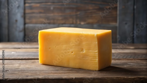 A Block of Yellow Cheese on a Rustic Wooden Surface photo