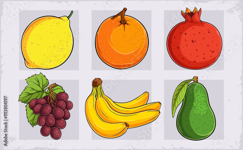 Hand drawn set of fresh organic fruits lemon, pear, bunch of bananas, grapes, pomegranate, orange