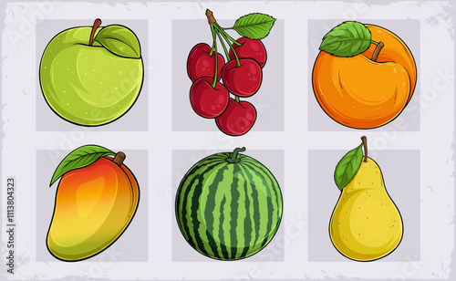 Hand drawn set of tasty tropical fruits apple, cherries , apricot, watermelon, yellow pear, mango