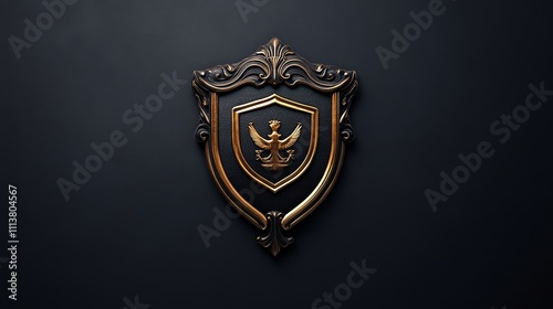 A black and gold shield with a golden eagle on a black background.