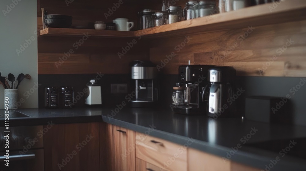 Modern Kitchen Countertop With Coffee Makers And Storage Modern Kitchen Countertop With Coffee Makers And Storage