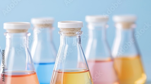 Colorful liquid-filled bottles arranged against a blue background.