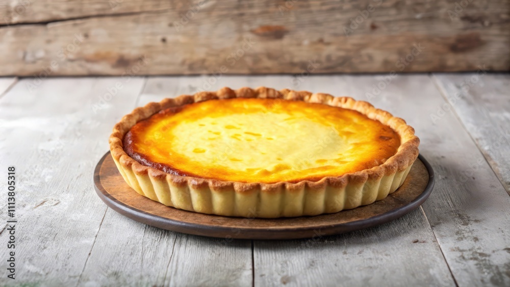 Golden-Brown Crust Pie with Creamy Filling on Wooden Table Golden-Brown Crust Pie with Creamy Filling on Wooden Table
