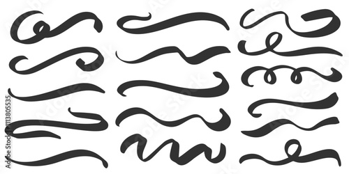 Swirl vector lines. Swashes and flourish underlines. Hand drawn calligraphic elegant swooshes. Curve vintage brush strokes. Squiggle scrolling elements. Simple doodle wavy shapes
