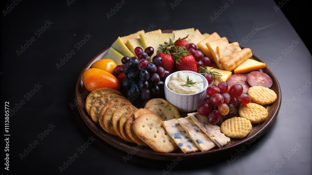 Cheese, Crackers, Fruit, and Dip on a Wooden Plate Cheese, Crackers, Fruit, and Dip on a Wooden Plate