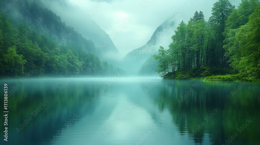 Misty mountain lake with lush green trees reflecting on calm water. Misty mountain lake with lush green trees reflecting on calm water.