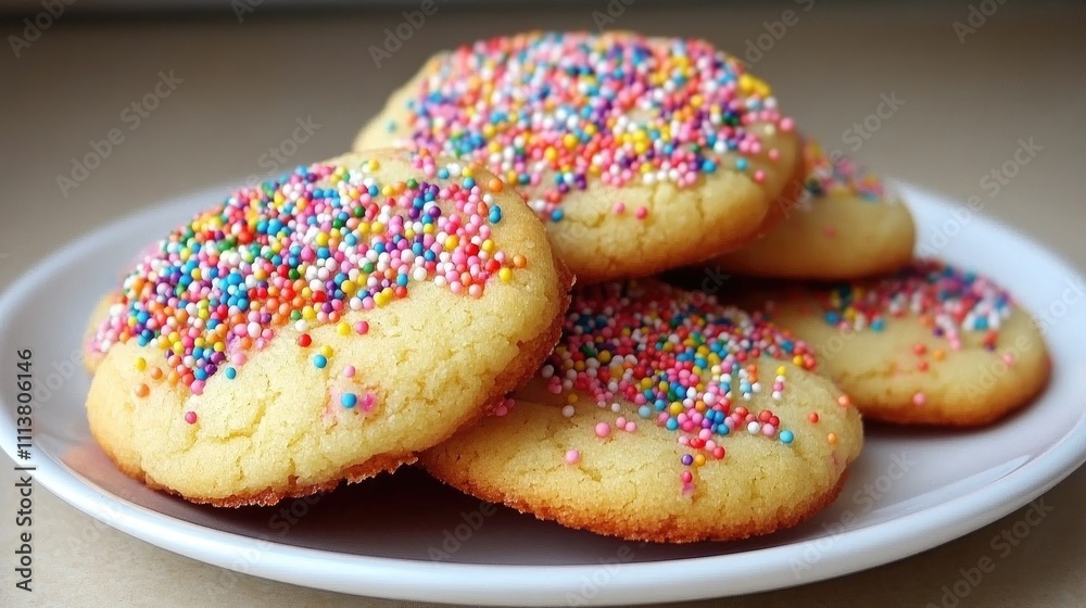 An arrangement of colorful sprinkle cookies on a white plate, with bright sprinkles adding a pop of color on each cookie An arrangement of colorful sprinkle cookies on a white plate, with bright sprinkles adding a pop of color on each cookie