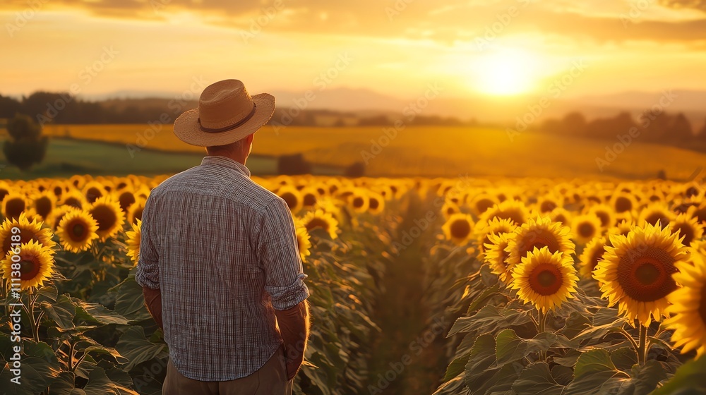 Fototapeta premium A farmer walks through a field of sunflowers as the sun sets.