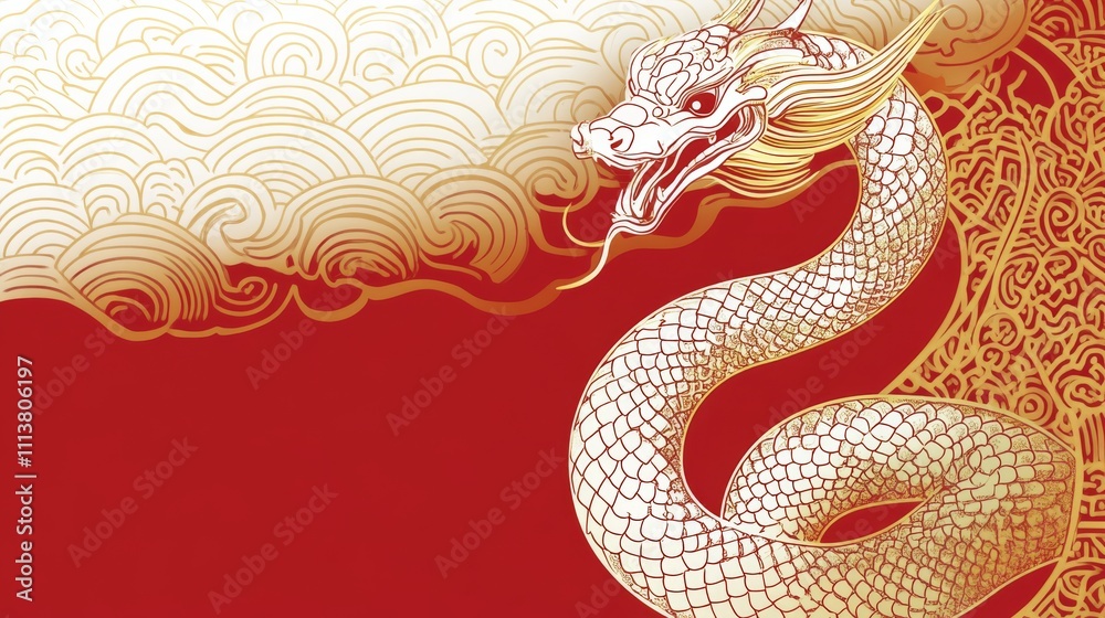 The Year of the Snake, A white snake with red and gold accents is on a red background The Year of the Snake, A white snake with red and gold accents is on a red background