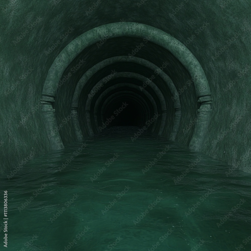Naklejka premium Dark, mysterious underwater tunnel with arched walls and water.