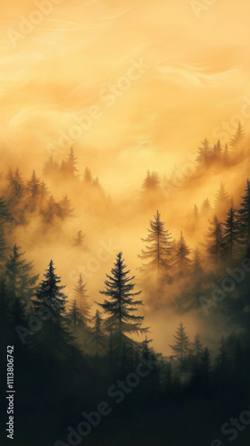 Foggy forest at sunrise, with tall trees and the warm hues of orange and yellow in the sky. The mist creates an ethereal atmosphere around the pine tree silhouettes.
