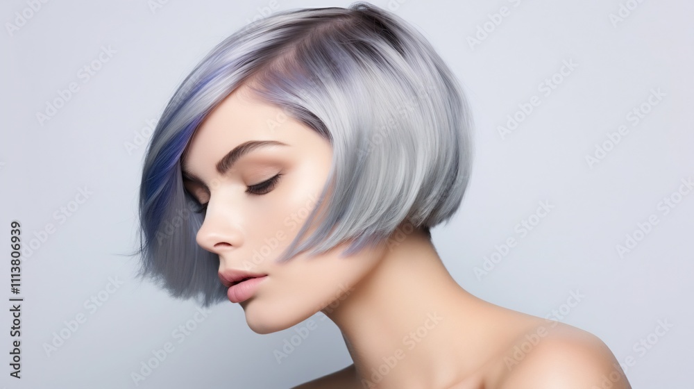 Naklejka premium A model with metallic silver and cobalt blue streaks styled in a sleek bob hairstyle showcasing a futuristic and edgy fashion look for a digital portrait or graphic