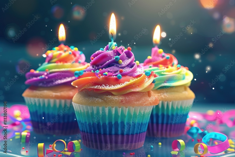 Colorful rainbow birthday cupcakes in abundance. Colorful rainbow birthday cupcakes in abundance.