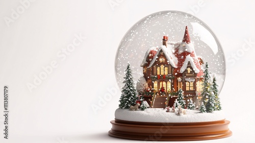 Snow globe featuring cozy illuminated house, christmas trees, and falling snowflakes on white background