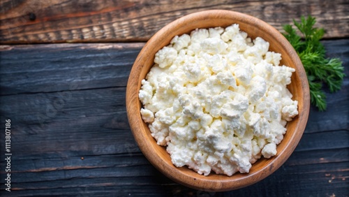 Bowl of Fresh Cottage Cheese on Rustic Wooden Background