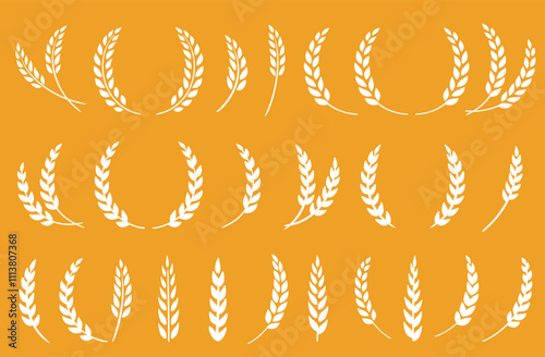 silhouette of weat ears, barley and rye spikelet, sheaf and branch set icon