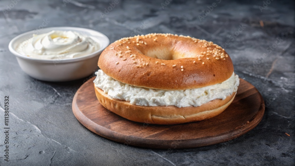 Sesame Seed Bagel with Cream Cheese on a Wooden Board Sesame Seed Bagel with Cream Cheese on a Wooden Board