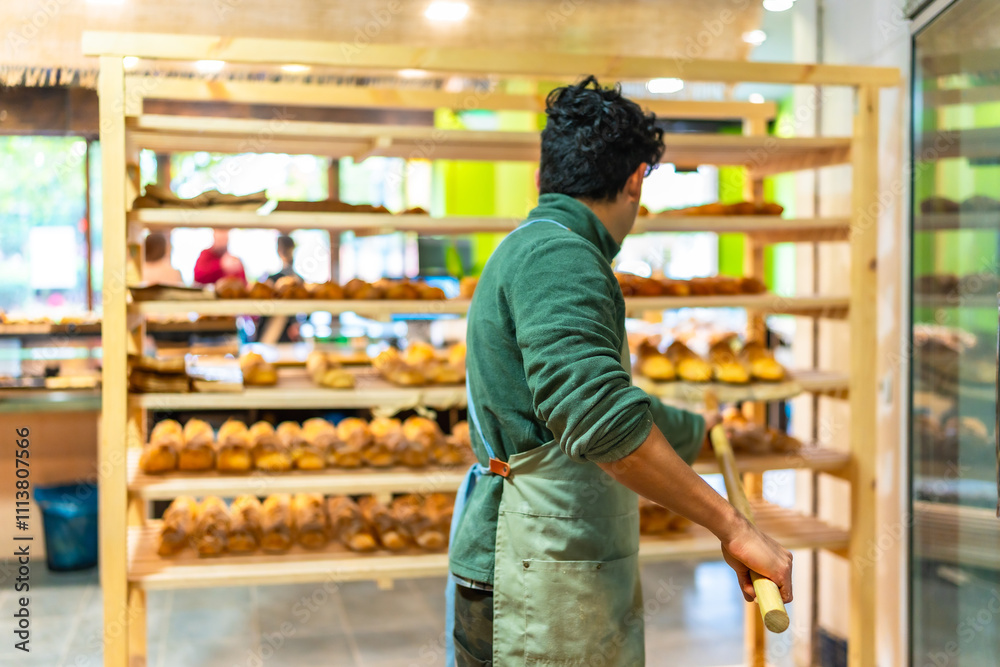 Man placing baked artisan bread to shelf in the shop Man placing baked artisan bread to shelf in the shop