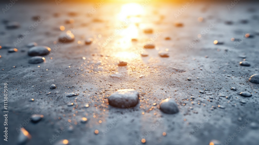 Sunlit pebbles on wet, dark surface.