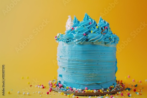 Blue buttercream birthday cake with colorful sprinkles over yellow background. photo