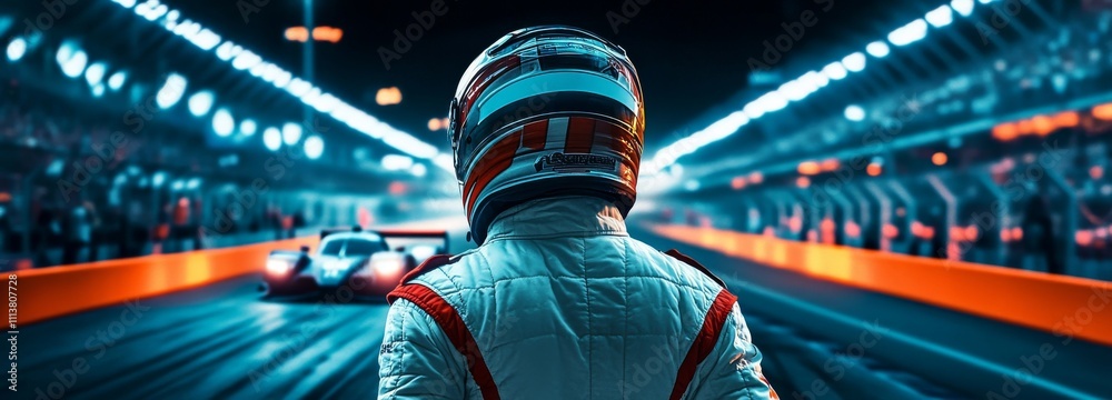 Driver in a helmet and jacket standing on the race track, with burning cars behind him
Driver in a helmet and jacket standing on the race track, with burning cars behind him