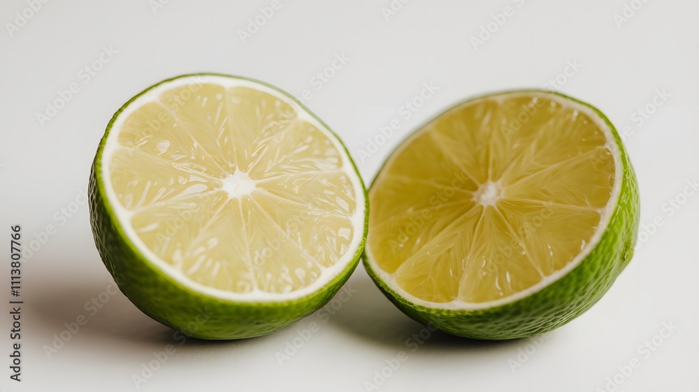 Fresh Green Lime Sliced in Half on White Background Fresh Green Lime Sliced in Half on White Background