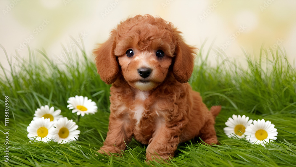 an adorable portrait of a red Toy Poodle puppy sitting upright on lush grass, its soft fur glowing in natural sunlight. an adorable portrait of a red Toy Poodle puppy sitting upright on lush grass, its soft fur glowing in natural sunlight.