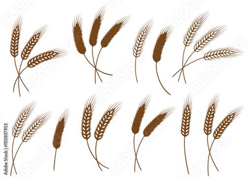 silhouette of weat ears, barley, rye spikelet, sheaf set branch icon