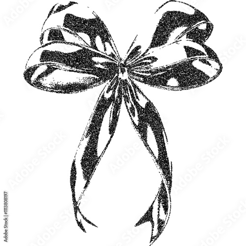 Bow ribbon with halftone stipple effect, for grunge punk y2k collage design. Vector illustration in grainy photocopy texture for experimental dotted retro banner design