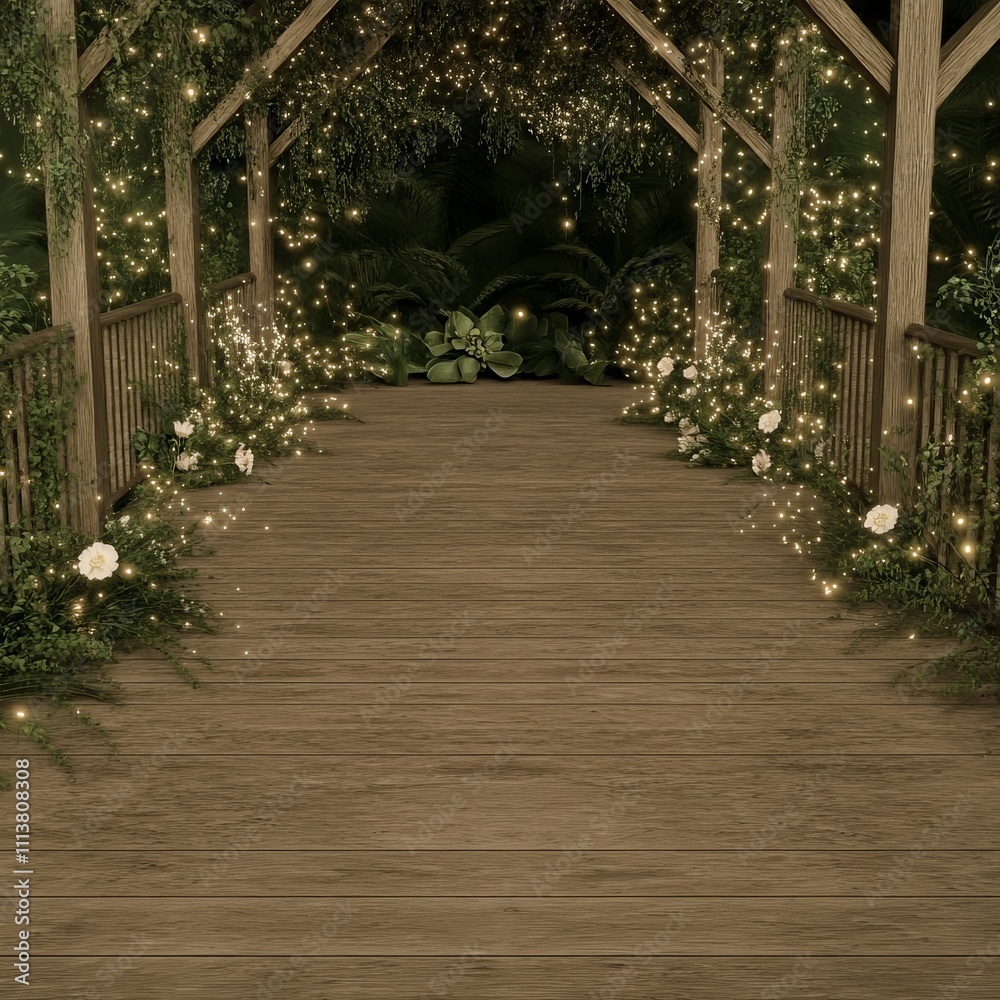 Obraz premium Enchanting wooden bridge pathway adorned with lights and flowers at night.