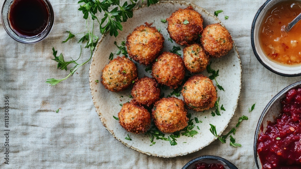 An artistic shot of fried meatballs placed on a textured tablecloth, accompanied by colorful sauces and garnished with fresh herbs, creating an inviting dining experience An artistic shot of fried meatballs placed on a textured tablecloth, accompanied by colorful sauces and garnished with fresh herbs, creating an inviting dining experience