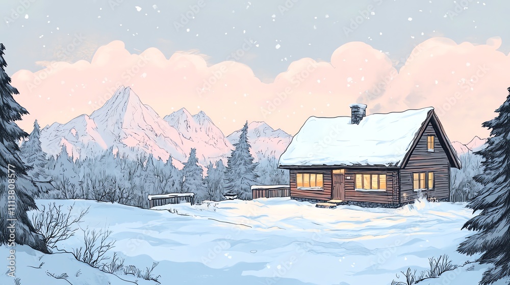 A cozy wooden cabin sits nestled in a snowy mountain landscape.