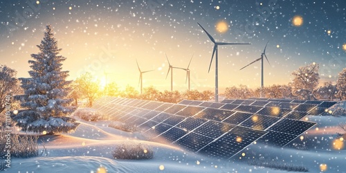 A modern and festive holiday card design featuring renewable energy elements