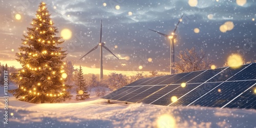 A modern and festive holiday card design featuring renewable energy elements
