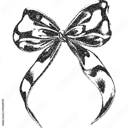 Bow ribbon with halftone stipple effect, for grunge punk y2k collage design. Vector illustration in grainy photocopy texture for experimental dotted retro banner design