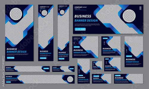 Set of corporate business web banners of standard size with a place for photos. Editable text. Vertical, horizontal and square template. Vector Formats
