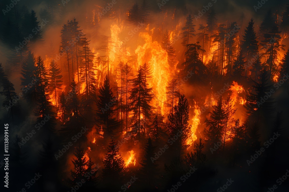 Intense Forest Fire Scene with Towering Flames and Dense Smoke in Wilderness Intense Forest Fire Scene with Towering Flames and Dense Smoke in Wilderness