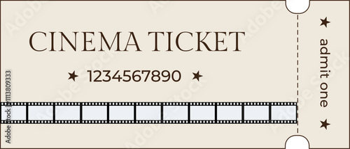 Beige cinema ticket with barcode template isolated on beige background, retro. Vector design element.