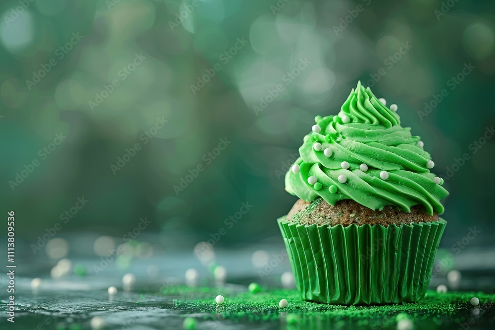 Green birthday cupcake with copy space to side