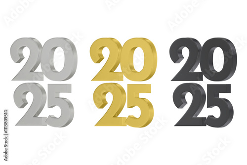 3D vector numbers 2025 in a silver color. Design object for New Year greeting cards, advertising banners. Metal numbers are bold and sleek, and with sharp edges. 3D element isolated on white