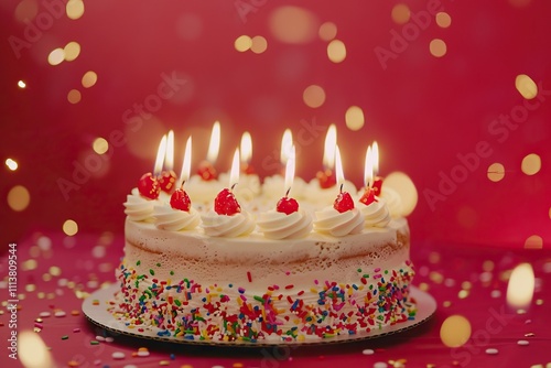 Birthday cake with candles on red background.