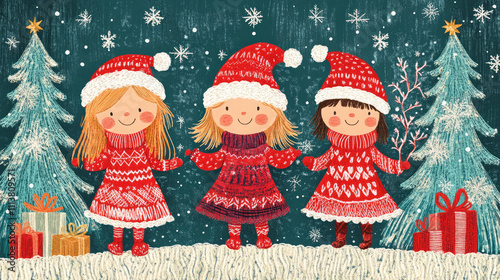 Three girls are standing in front of a Christmas tree, wearing red sweaters