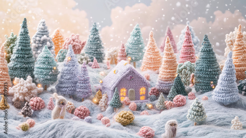 A colorful scene of a house and trees with a snow-covered ground