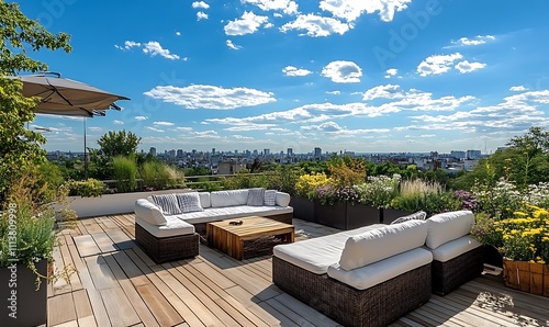 The rooftop patio features a lounge zone with pallet furniture and a beautiful view of the landscape