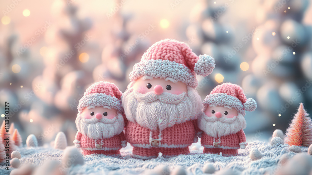Obraz premium Adorable cartoon Santa Claus , set against a detailed hand-knit landscape in pastel tones, enchanting and cozy Christmas setting