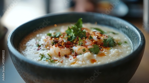 An elegant serving of shrimp rice porridge in a traditional ceramic bowl, garnished with chili flakes and herbs, showcasing the dish's vibrant colors