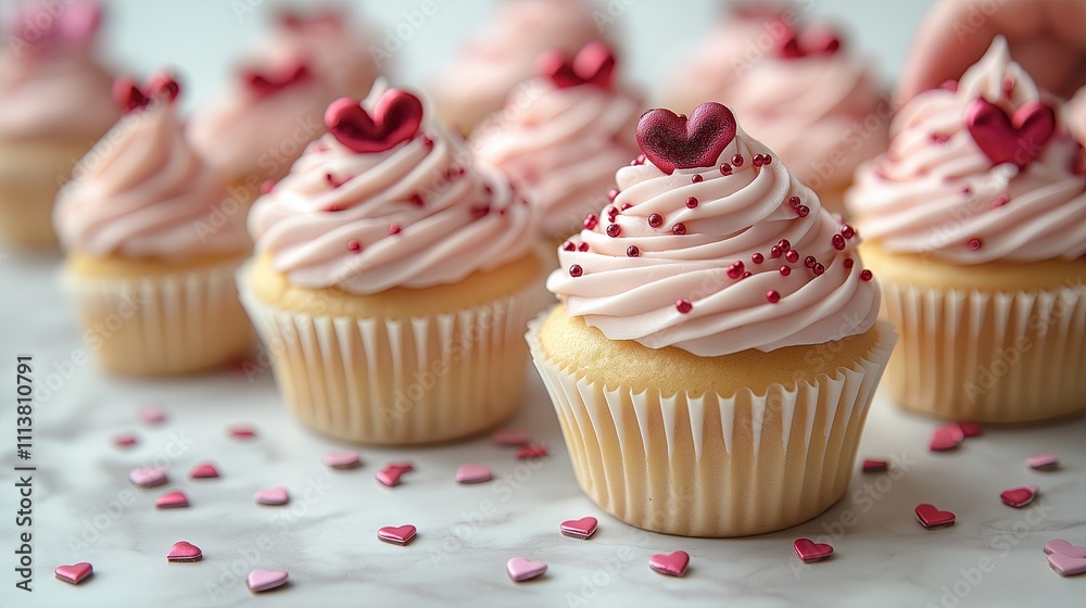 Heart-decorated cupcakes with pink frosting for dessert lovers, party food for romantic celebrations, food print for National Cupcake Day Heart-decorated cupcakes with pink frosting for dessert lovers, party food for romantic celebrations, food print for National Cupcake Day