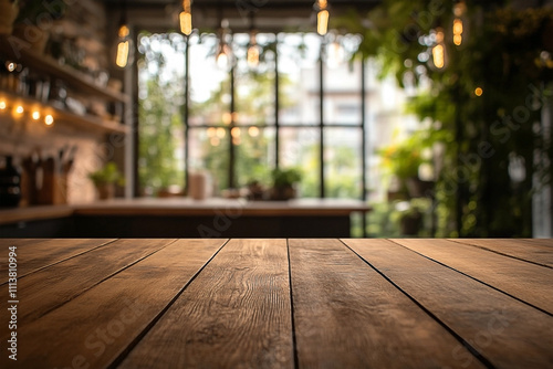 Wooden Table with Blurred Modern Kitchen Background