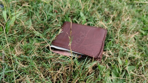 Mens leather money wallet or purse fall down and lost on the outdoor park or field green lawn grass ground floor surface. Closeup macro slow motion top view.